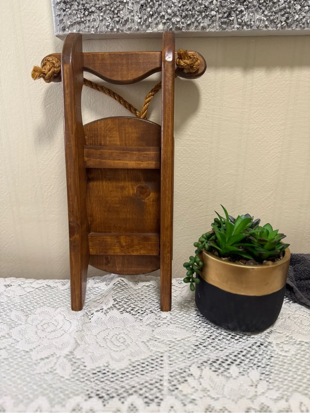 Rustic Brown Wood Sled Wall Accent with Rope